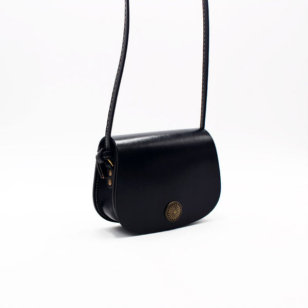 Mini Vintage Handmade Leather Saddle Crossbody Shoulder Round Bag Purses Women black left