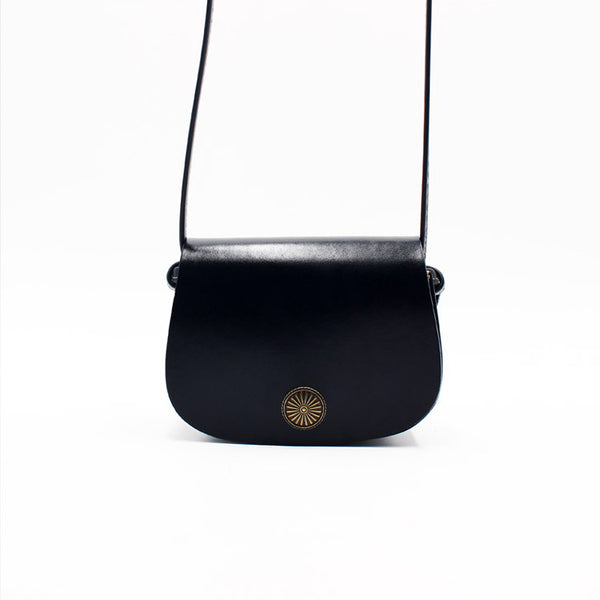 Mini Vintage Handmade Leather Saddle Crossbody Shoulder Round Bag Purses Women black