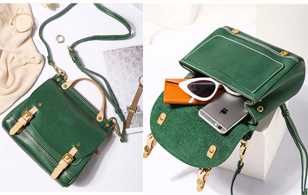 Womens Small Green Leather Shoulder Bag Satchel Backpack For Women