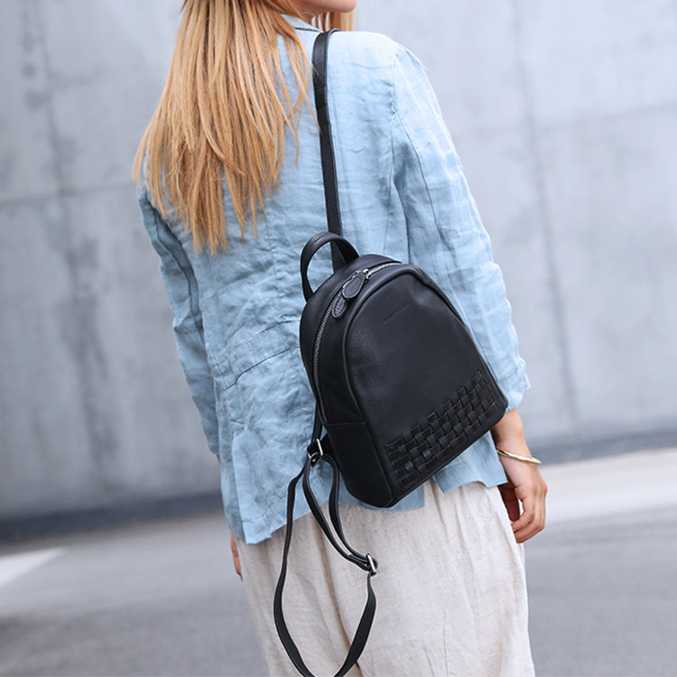 Mini Womens Designer Black Leather Braided Backpack Purse Handmade Backpacks for Women beautiful