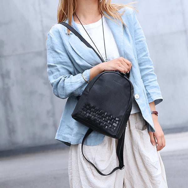 Mini Womens Designer Black Leather Braided Backpack Purse Handmade Backpacks