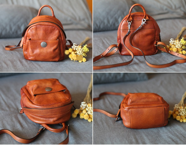 Mini Womens Vintage Brown Leather Backpack Purse Cowhide Crossbody Bag for Women Handmade