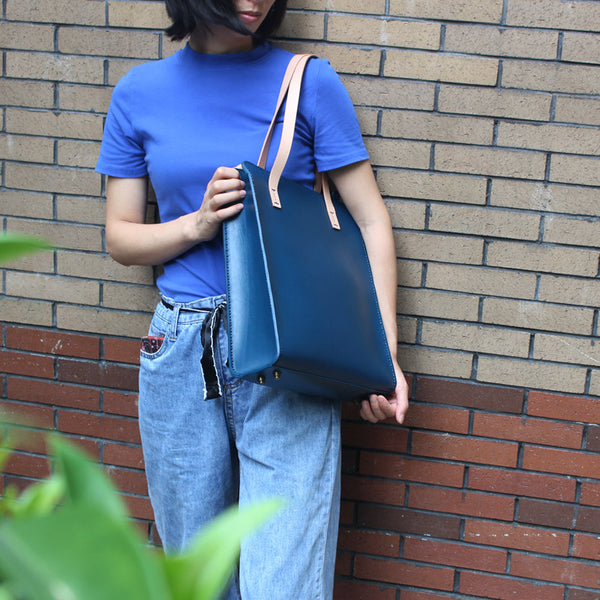 Minimalist Women Blue Leather Tote Bag Handbags Shoulder Bag for Women Boutique