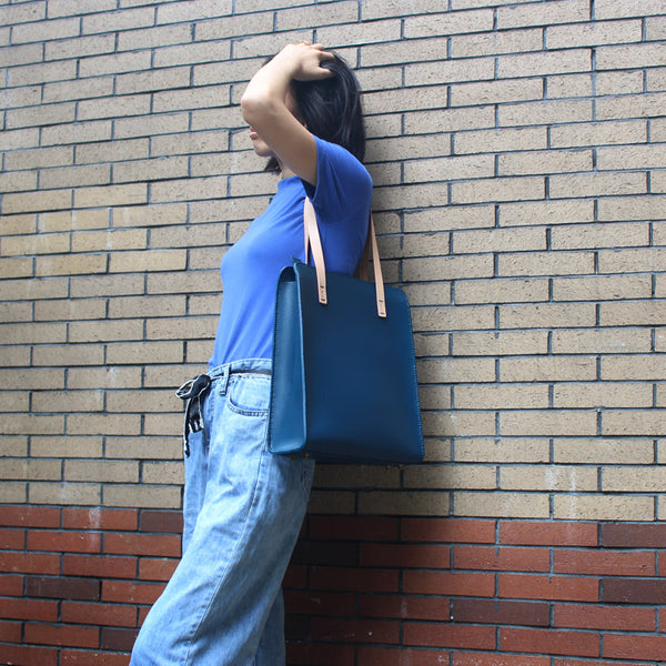 Minimalist Women Blue Leather Tote Bag Handbags Shoulder Bag for Women cool