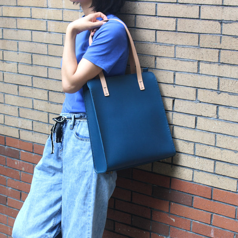Minimalist Women Blue Leather Tote Bag Handbags Shoulder Bag for Women cute