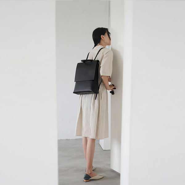 Minimalist Womens Square Leather Zip Backpack Purse Rucksack for Women Designer