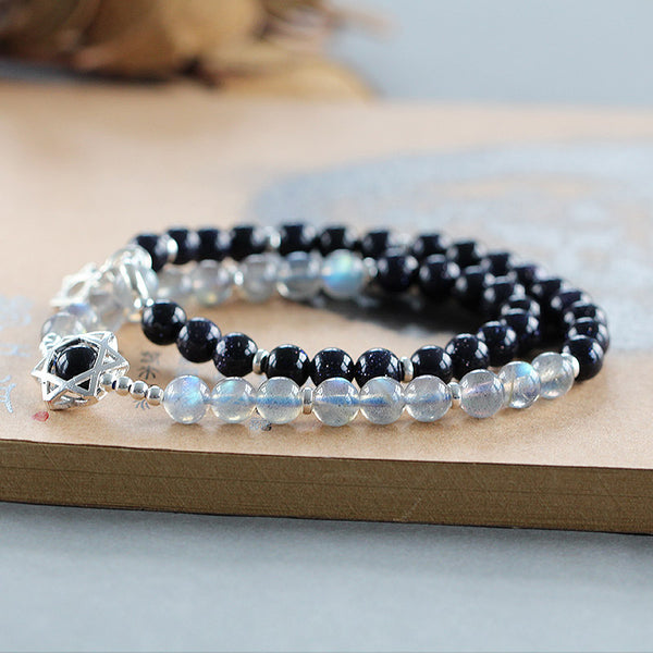 Moonstone Blue sandstone Sterling Silver Beaded Bracelet Handmade Jewelry Women birthstone jewelry gift