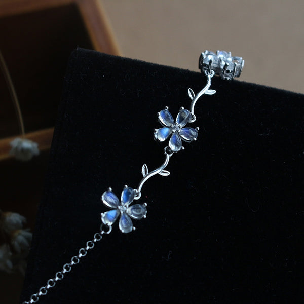 Moonstone Flowers Sterling Silver Bracelet Handmade Gemstone Jewelry for Women
