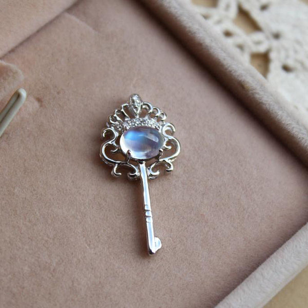 Key Shaped Moonstone Pendant Necklace White Gold Plated Silver Handmade Gemstone Jewelry Women