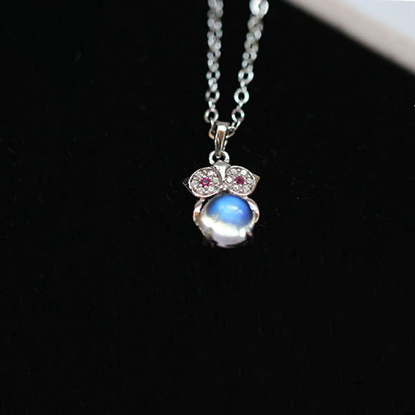Owl Shaped Moonstone Pendant Necklace White Gold Plated Silver Handmade Gemstone Jewelry Women