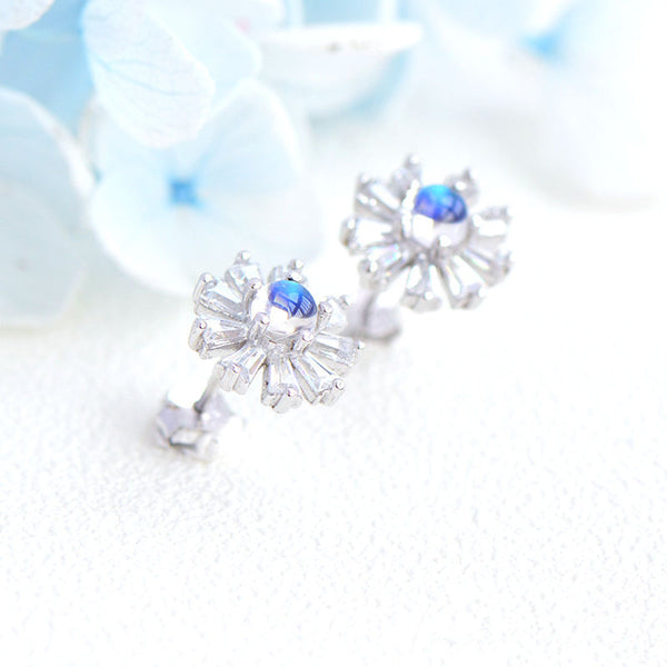 Moonstone Flower shaped Stud Earrings in White Gold Plated Sterling Silver Jewelry Accessories Women