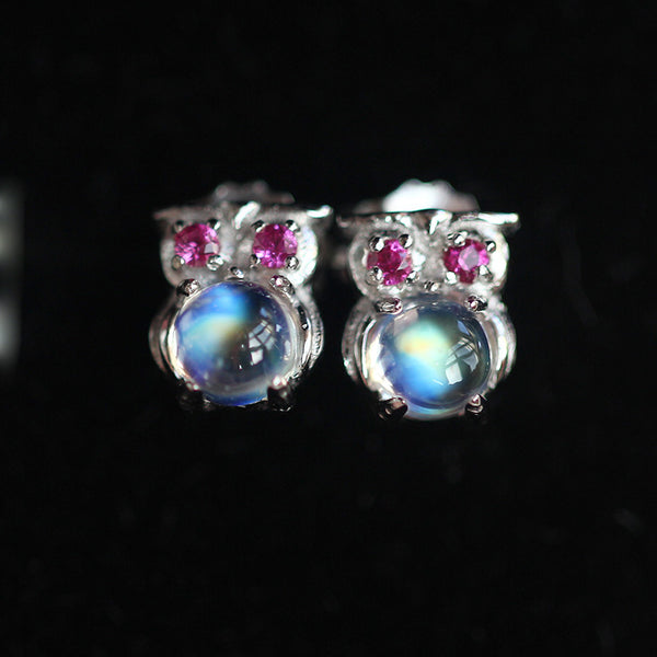 Cute Owl Shaped Moonstone Stud Earrings in White Gold Plated Sterling Silver Jewelry Accessories Women