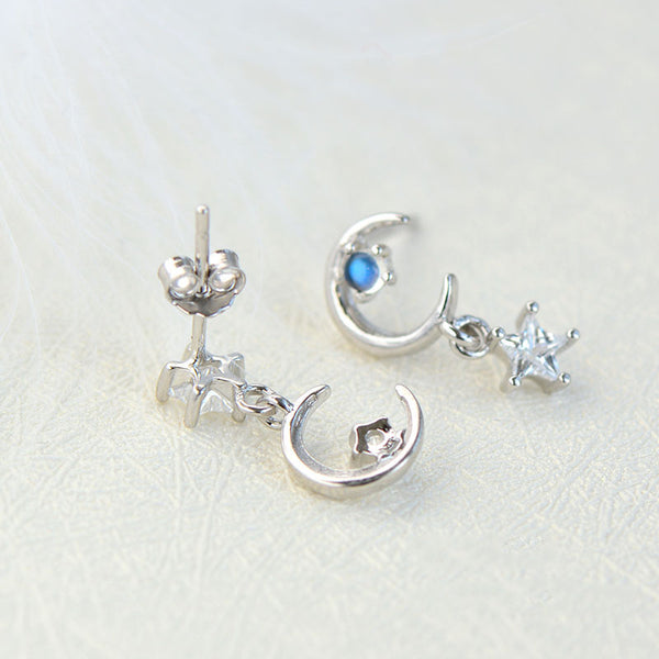 Moonstone Asymmetric Stud Dangle Earrings in White Gold Plated Sterling Silver Jewelry Accessories Women