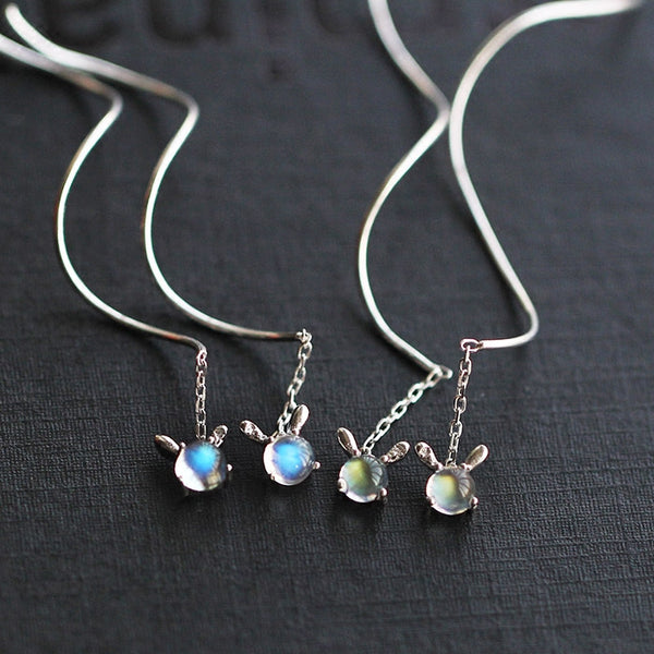 Rabbit Moonstone Threader Earrings in Sterling Silver Handmade Jewelry Accessories for Women
