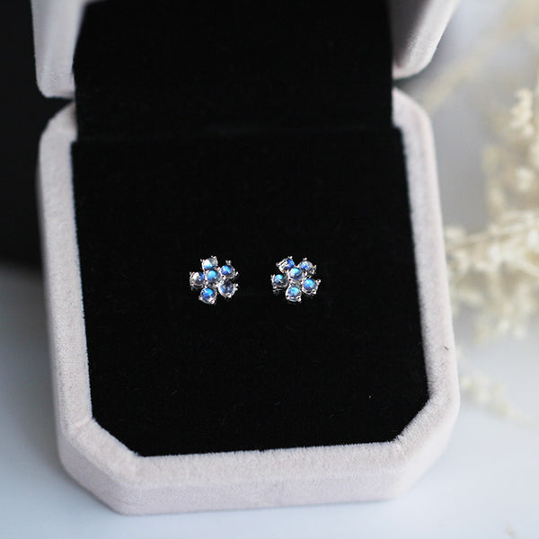 Flower Shaped Moonstone Stud Earrings in White Gold Plated Sterling Silver Jewelry Accessories Women