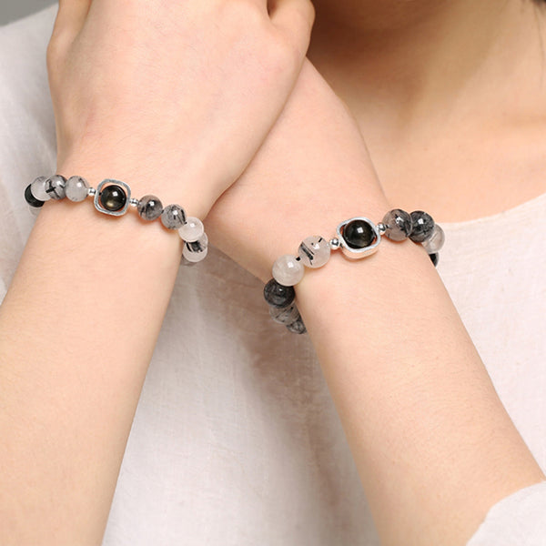 Obsidian Rutilated Quartz Bead Bracelet Handmade Couples Lovers Jewelry Accessories Women Men fashionable