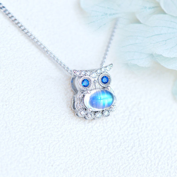 Owl Shaped Sterling Silver Blue Moonstone Pendant Necklace For Women Affordable