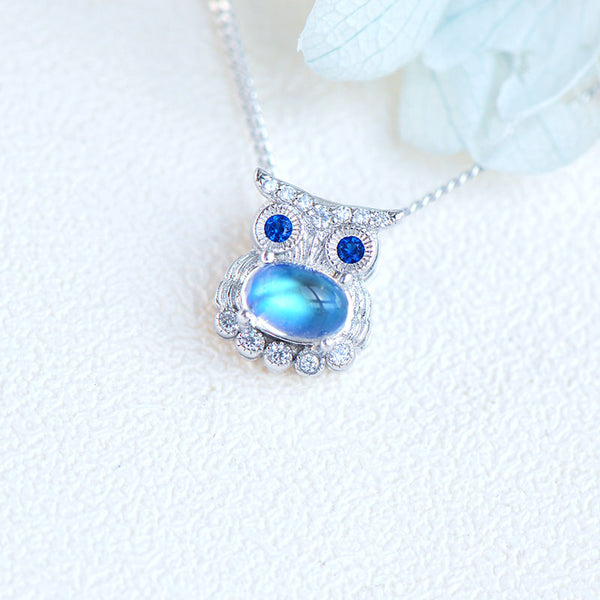 Owl Shaped Sterling Silver Blue Moonstone Pendant Necklace For Women Beautiful