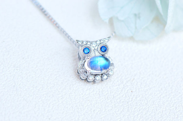 Owl Shaped Sterling Silver Blue Moonstone Pendant Necklace For Women Best