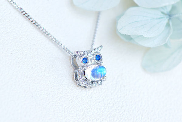 Owl Shaped Sterling Silver Blue Moonstone Pendant Necklace For Women Chic