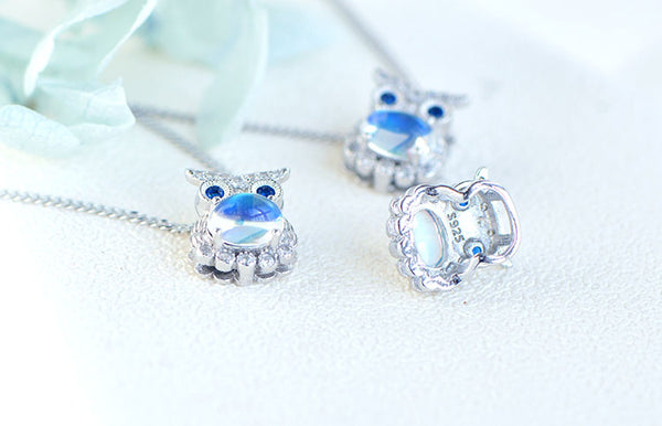 Owl Shaped Sterling Silver Blue Moonstone Pendant Necklace For Women Cute
