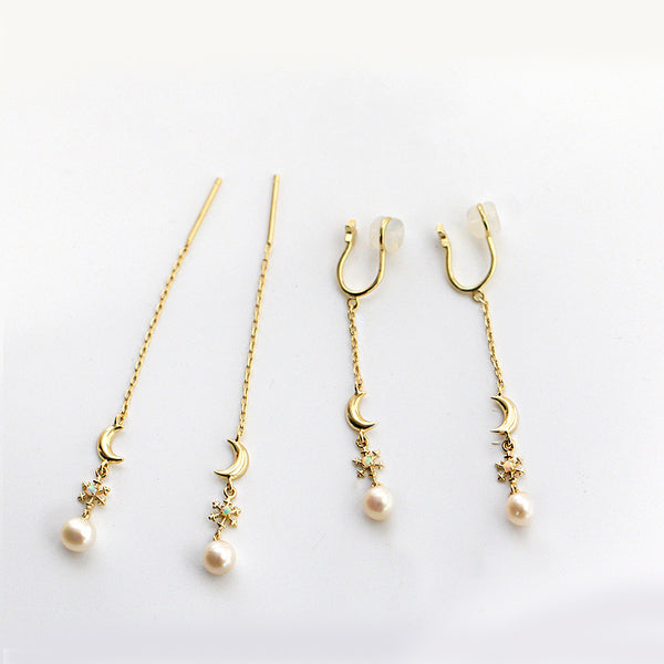 Pearl Clip Threader Earrings Gold Silver June birthstone Jewelry Women natural