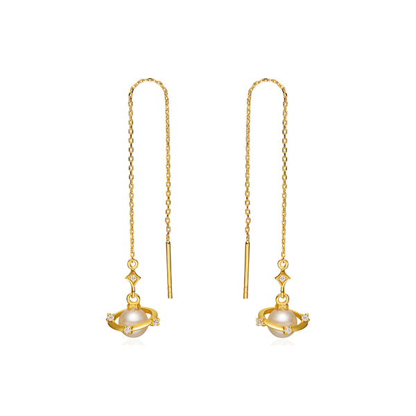 Pearl Threader Drop Earrings Gold Silver Jewelry Women elegant