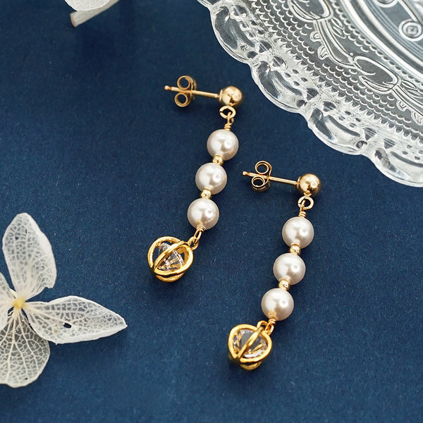 Pearl Zircon Stud Clip Earrings Gold Unique Handmade Jewelry Women adorable