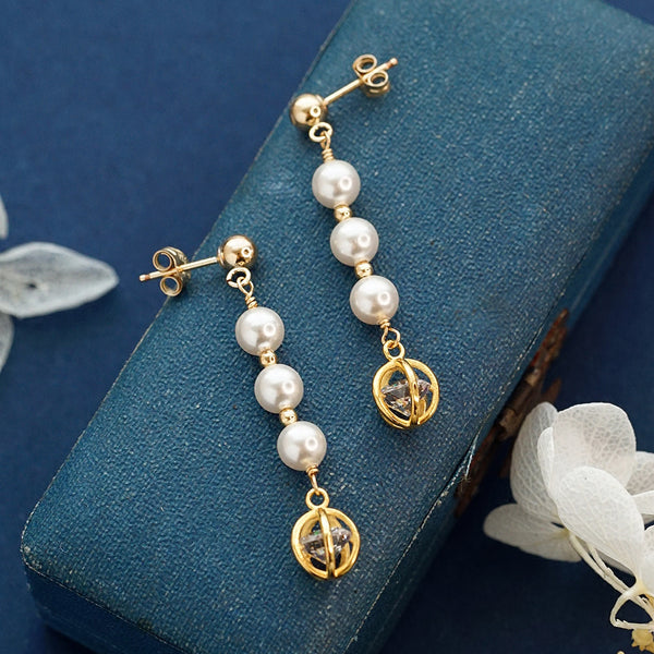 Pearl Zircon Stud Clip Earrings Gold Unique Handmade Jewelry Women