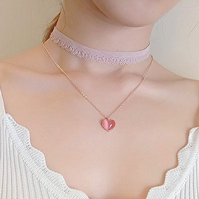 Pink Cat's Eye Pendant Necklace Gold Silver Gift Choker Jewelry Accessories Women wear