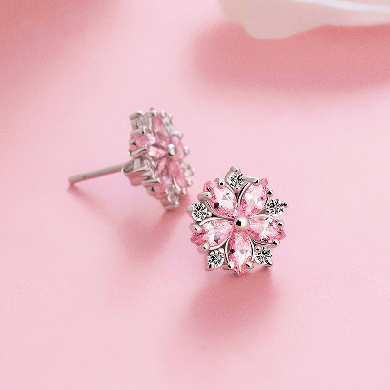 Pink gemstone Zircon Stud Earrings Silver Jewelry Accessories Gifts Women sakura