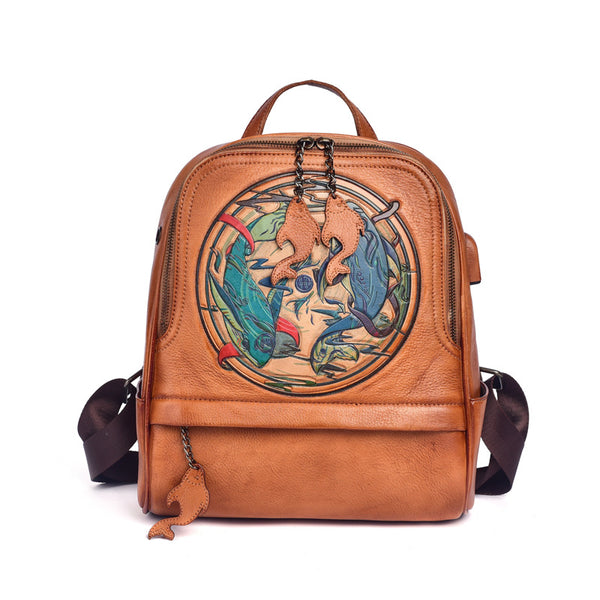 Pisces Ladies Leather Rucksack Cute Backpacks For Women Brown