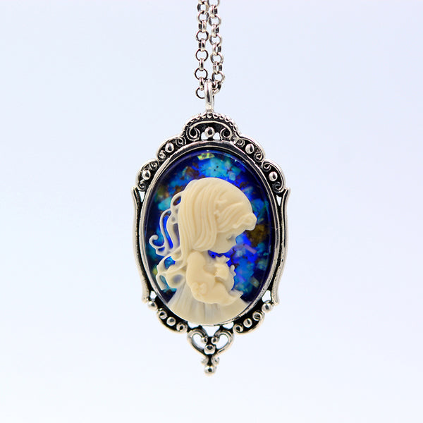 Prayer Vintage Blue gemstone Pendant Necklace Silver Handmade Jewelry Women
