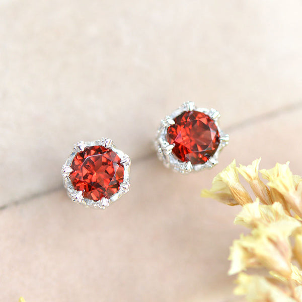 Red Garnet Stud Earrings Silver Handmade Jewelry Accessories Women chic