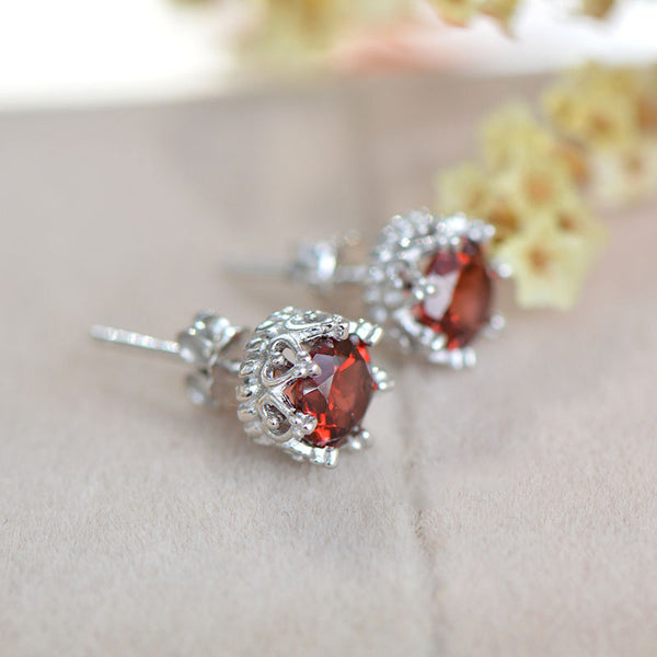 Red Garnet Stud Earrings Silver Handmade Jewelry Accessories Women chic