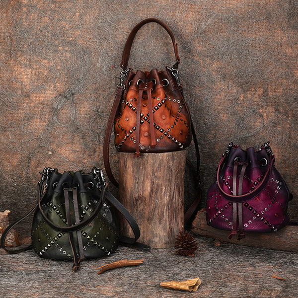 Rivets Leather Bucket Bag Designer Crossbody Bags Purse for Women Brown