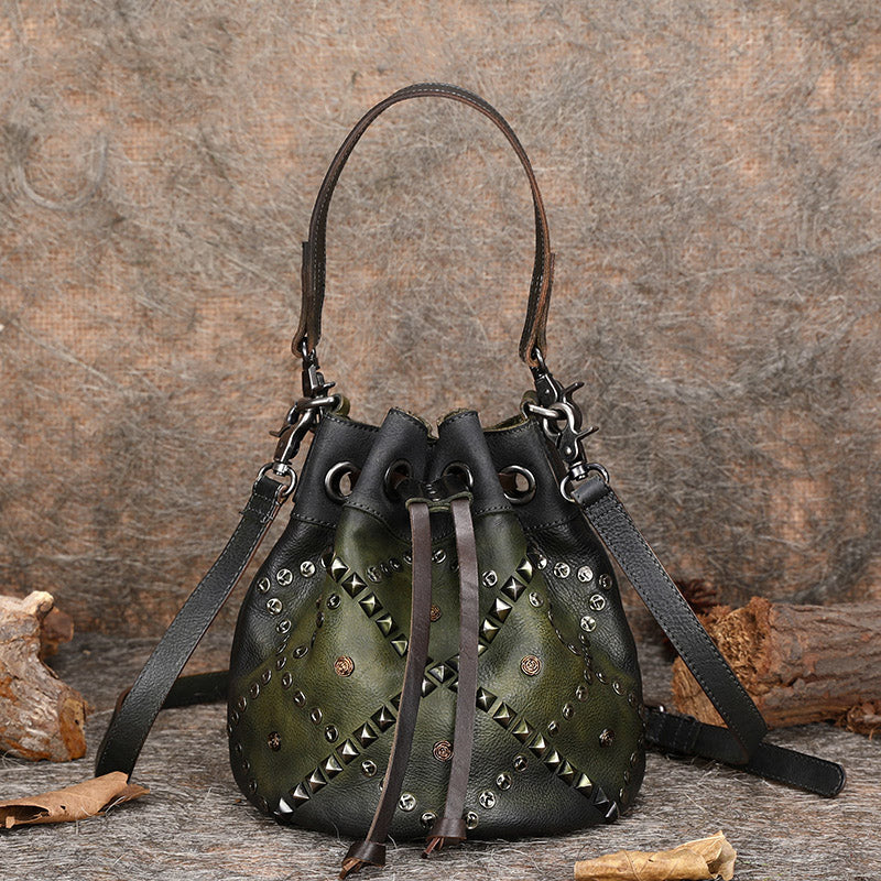 Rivets Leather Bucket Bag Designer Crossbody Bags Purse for Women