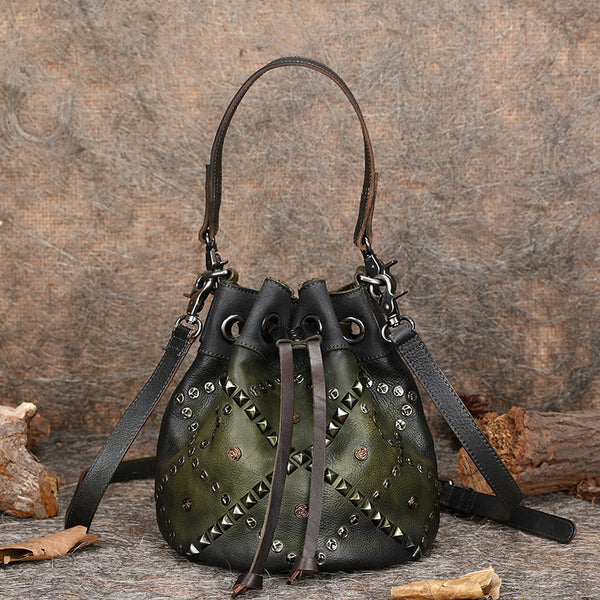 Womens Western Leather Drawstring Bucket Bag Shoulder Handbags For Women