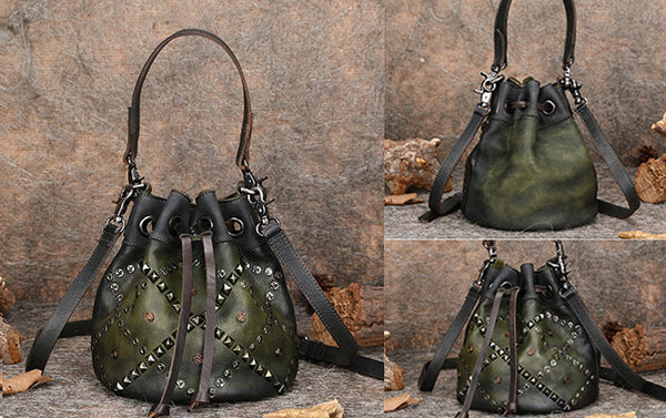 Boho Womens Green Leather Bucket Handbags Small Shoulder Bag for Women