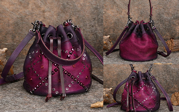 Rivets Leather Bucket Bag Designer Crossbody Bags Purse for Women cowhide