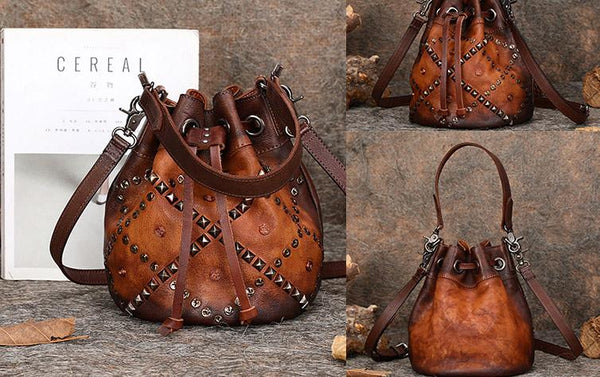 Rivets Leather Bucket Bag Designer Crossbody Bags Purse for Women cute