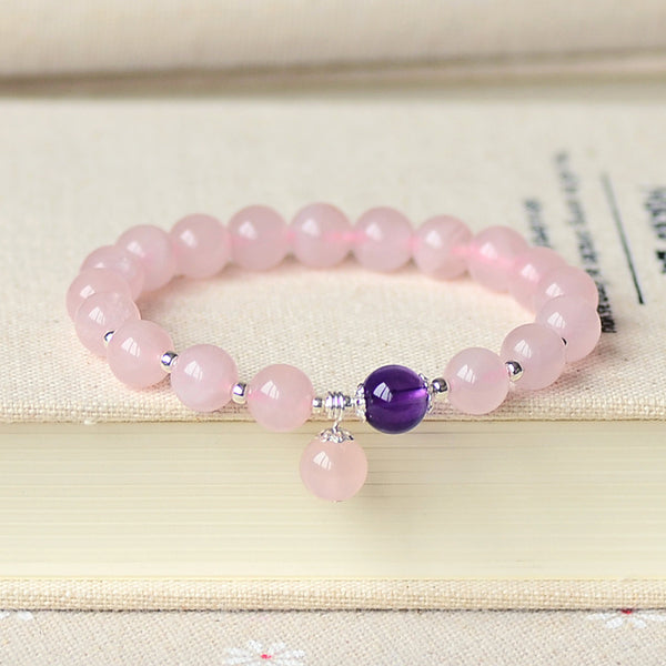 Rose Quartz Amethyst Silver Bead Bracelet Handmade Jewelry Accessories Gifts Women adorable