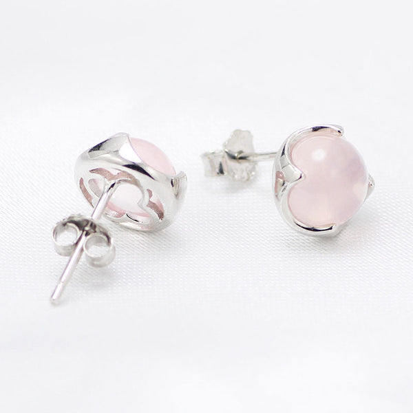 Rose Quartz Crystal Stud Earrings Silver Gemstone Jewelry Accessories Gifts Women pink