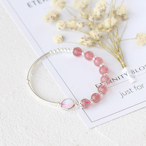 Rose Strawberry Quartz Crystal Sterling Silver Bead Bracelet Handmade Jewelry Women adorable