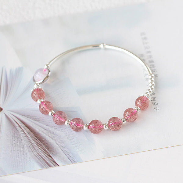 Rose Strawberry Quartz Crystal Sterling Silver Bead Bracelet Handmade Jewelry Women charming