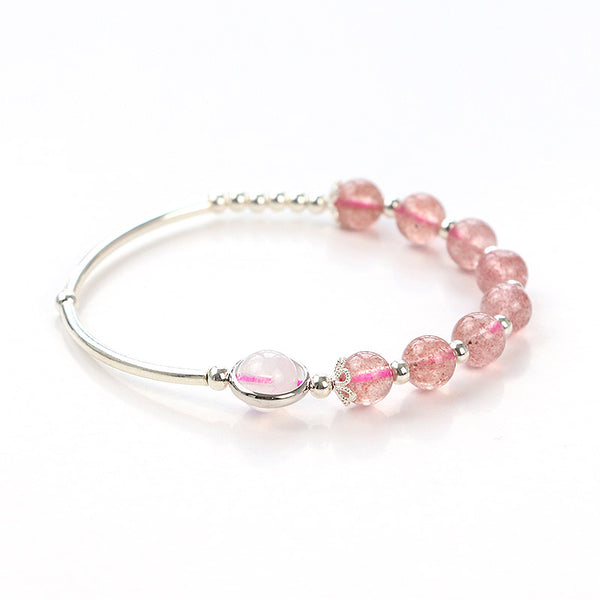 Rose Strawberry Quartz Crystal Sterling Silver Bead Bracelet Handmade Jewelry Women cute