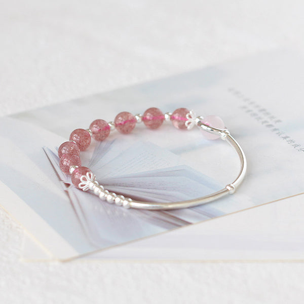 Rose Strawberry Quartz Crystal Sterling Silver Bead Bracelet Handmade Jewelry Women gift