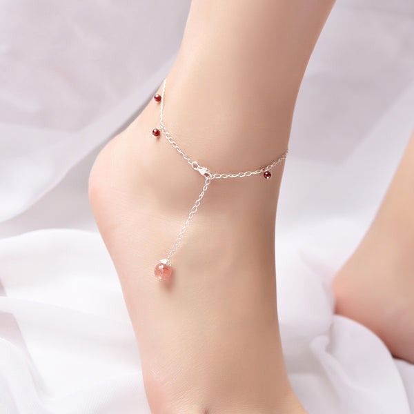 Silver Garnet Strawberry Quartz Crystal Bead Anklet Handmade Jewelry Accessories Women ADORABLE