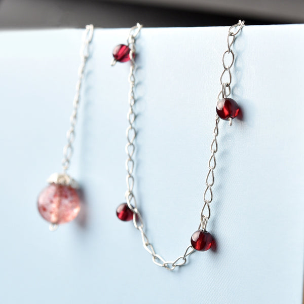 Silver Garnet Strawberry Quartz Crystal Bead Anklet Handmade Jewelry Accessories Women CUTE