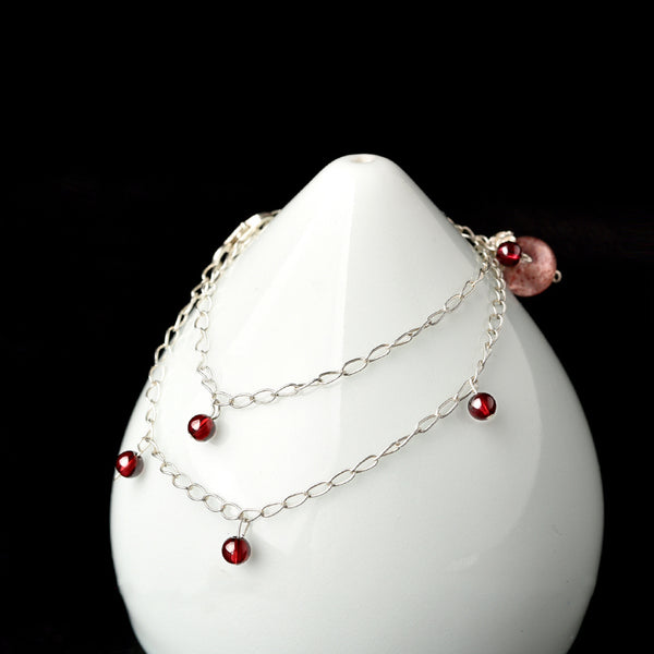Silver Garnet Strawberry Quartz Crystal Bead Anklet Handmade Jewelry Accessories Women GIRL